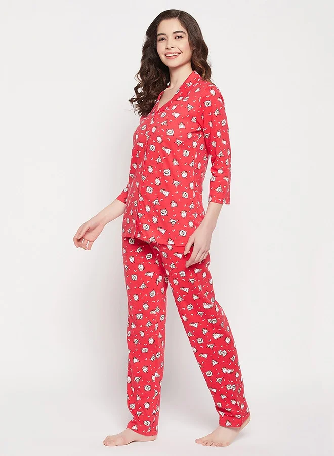 Clovia Clovia Sheep Print Button Down Shirt & Pyjama Set in Red - 100% Cotton