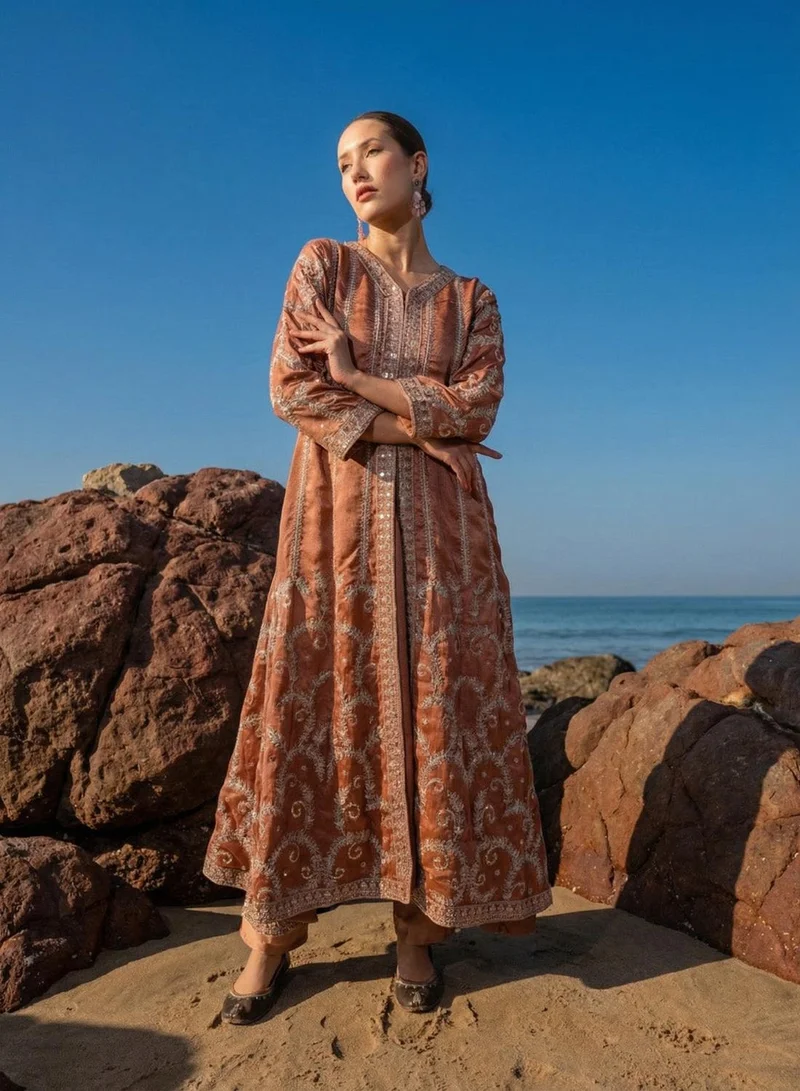 ISHIN Rich Chinon Embroidered Brown Embroidered A Line Dresses StraightBottom