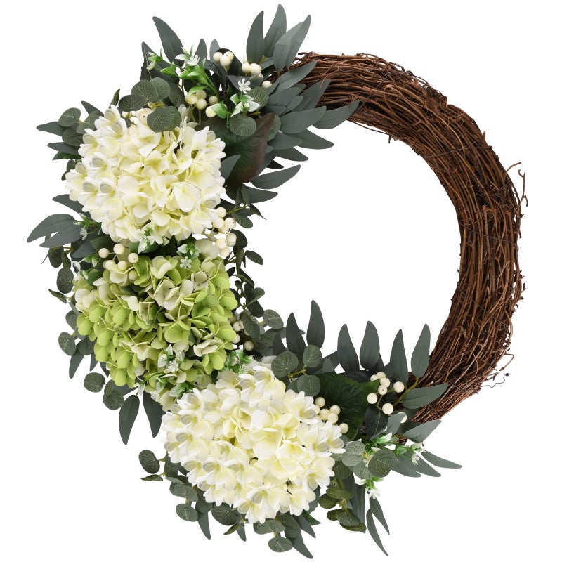 Covanm Spring Flower Wreath for Front Door 20 Inch Hydrangea Door Wreath with White Berries Summer Eucalyptus Wreaths for Front Door Outside All Season Farmhouse Indoor Outdoor Wall Decor