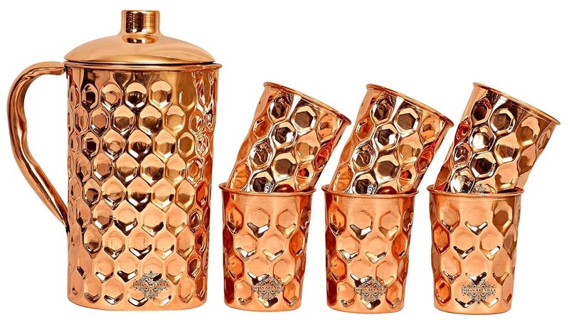 INDIAN ART VILLA Indian Art Villa Diamond Hammered Copper Jug Pitcher with 6 Glass Set Storage Serving Water Home Restaurant 7 Pieces  - Image 1