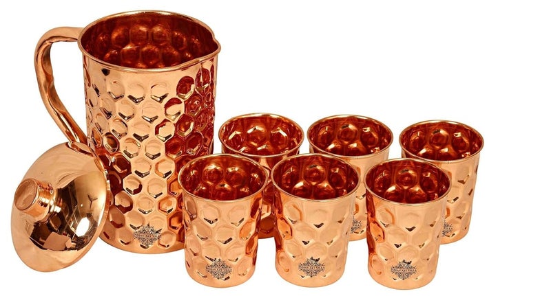 INDIAN ART VILLA Indian Art Villa Diamond Hammered Copper Jug Pitcher with 6 Glass Set Storage Serving Water Home Restaurant 7 Pieces  - Image 2