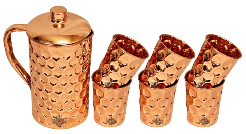 INDIAN ART VILLA Indian Art Villa Diamond Hammered Copper Jug Pitcher with 6 Glass Set Storage Serving Water Home Restaurant 7 Pieces  - Image 3