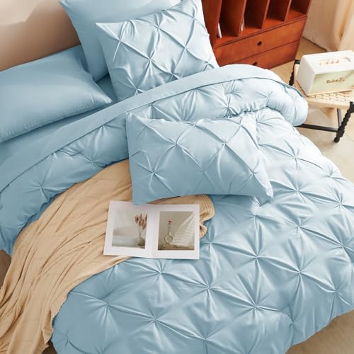 HIMEET Pintuck Bed in a Bag, 7 Pieces Queen Size Comforter Set Light Blue, Pinch Pleat Bed in a Bag, Soft All Season Bedding Sets with Comforter, Flat Sheet, Fitted Sheet and Pillowcases & Shams - Image 4