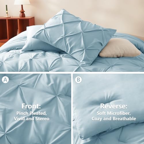 HIMEET Pintuck Bed in a Bag, 7 Pieces Queen Size Comforter Set Light Blue, Pinch Pleat Bed in a Bag, Soft All Season Bedding Sets with Comforter, Flat Sheet, Fitted Sheet and Pillowcases & Shams - Image 3