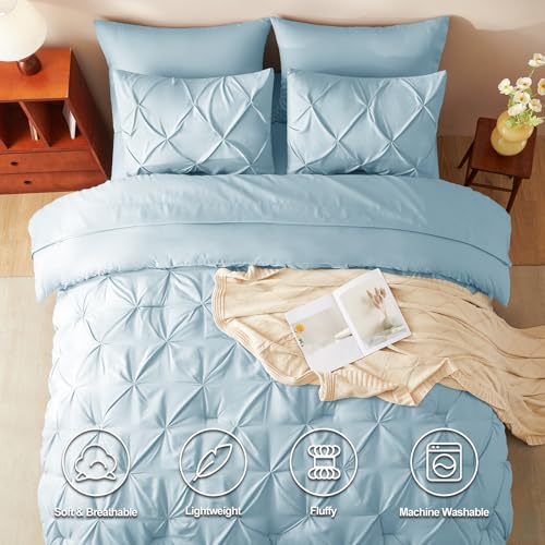 HIMEET Pintuck Bed in a Bag, 7 Pieces Queen Size Comforter Set Light Blue, Pinch Pleat Bed in a Bag, Soft All Season Bedding Sets with Comforter, Flat Sheet, Fitted Sheet and Pillowcases & Shams - Image 2