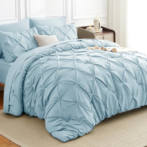 HIMEET Pintuck Bed in a Bag, 7 Pieces Queen Size Comforter Set Light Blue, Pinch Pleat Bed in a Bag, Soft All Season Bedding Sets with Comforter, Flat Sheet, Fitted Sheet and Pillowcases & Shams - Image 1