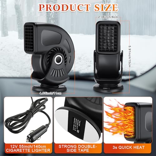 DaisyInner 3 Pcs Car Heater & Defogger 12v 150w Rapid Windshield Defroster Portable Auto Fan Heater Plug in Cigarette Lighter 2 in 1 Fast Heating or Cooling with 360 Degree Suction(Black) - Image 2