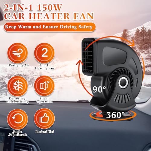 DaisyInner 3 Pcs Car Heater & Defogger 12v 150w Rapid Windshield Defroster Portable Auto Fan Heater Plug in Cigarette Lighter 2 in 1 Fast Heating or Cooling with 360 Degree Suction(Black) - Image 4