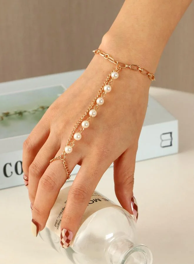 تايك تو أساور يد سلسلة يد وخاتم مزينة باللؤلؤ الصناعي