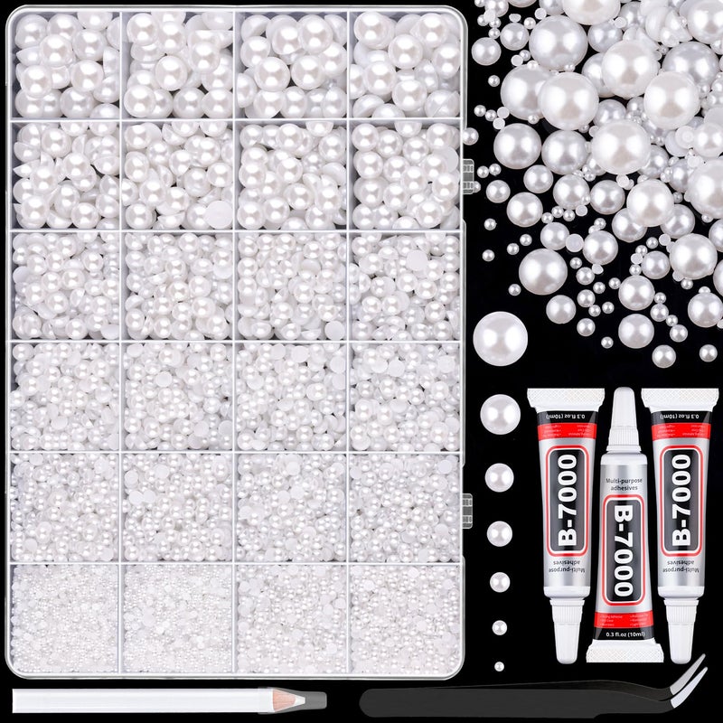 TINKRSTUFF 14000Pcs Flatback Pearls for Crafting (White), Assorted Size 2/3/4/5/6/8/10mm Half Pearl Bead Gems with 3Pcs 10ml B7000 Jewelry Glue, Bedazzling Kit for Crafts Shoes Graduation Cap Nail Art - Image 1