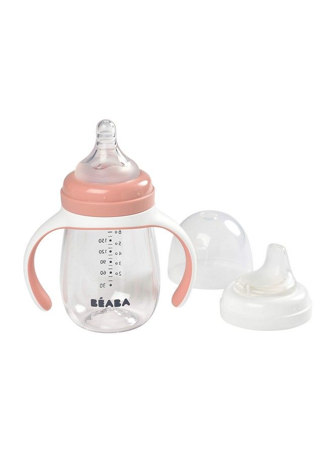 BEABA 2In1 Baby Bottle To Training Sippy Cup Learning Cup Baby Bottle Nipple And Soft Silicone Sippy Spout Spill Proof Baby Toddler 7 Oz (Rose) - Image 1