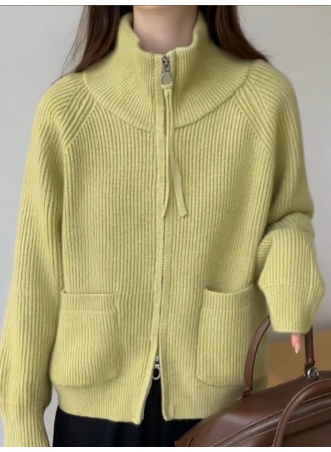 Leyuan Autumn Winter New High Neck Double Zipper Long Sleeve Loose Knit Cardigan Top Lazy Style Sweater Women's Coat - Image 5