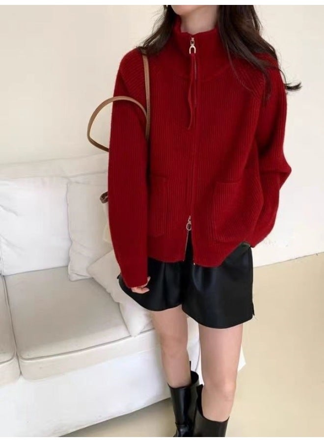 Leyuan Autumn Winter New High Neck Double Zipper Long Sleeve Loose Knit Cardigan Top Lazy Style Sweater Women's Coat - Image 4
