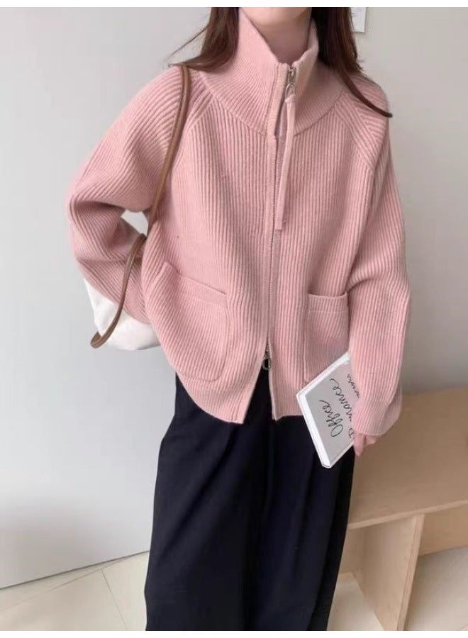 Leyuan Autumn Winter New High Neck Double Zipper Long Sleeve Loose Knit Cardigan Top Lazy Style Sweater Women's Coat - Image 3