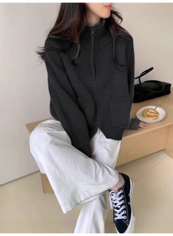 Leyuan Autumn Winter New High Neck Double Zipper Long Sleeve Loose Knit Cardigan Top Lazy Style Sweater Women's Coat - Image 2