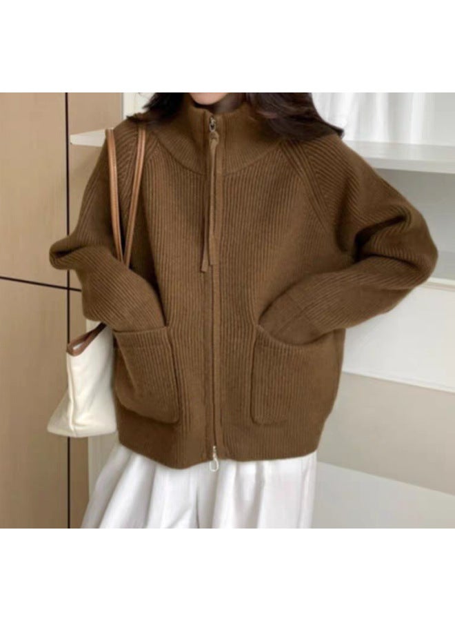 Leyuan Autumn Winter New High Neck Double Zipper Long Sleeve Loose Knit Cardigan Top Lazy Style Sweater Women's Coat - Image 1