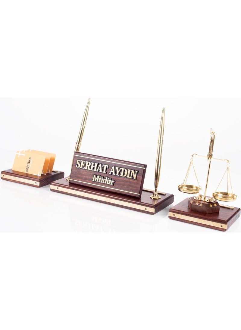 Ofistike Premium Mahogany Table Nameplate Lawyer Judge Prosecutor Tabletop Nameplate Solid Brass 3 Piece Scales Statue  - Image 1