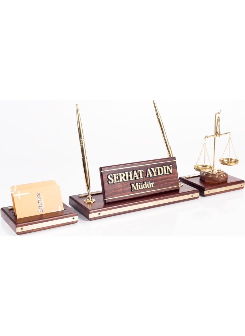 Ofistike Premium Mahogany Table Nameplate Lawyer Judge Prosecutor Tabletop Nameplate Solid Brass 3 Piece Scales Statue  - Image 4