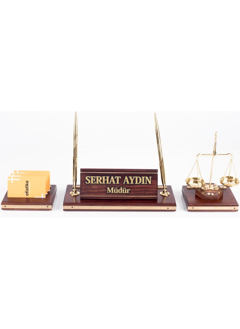 Ofistike Premium Mahogany Table Nameplate Lawyer Judge Prosecutor Tabletop Nameplate Solid Brass 3 Piece Scales Statue  - Image 5