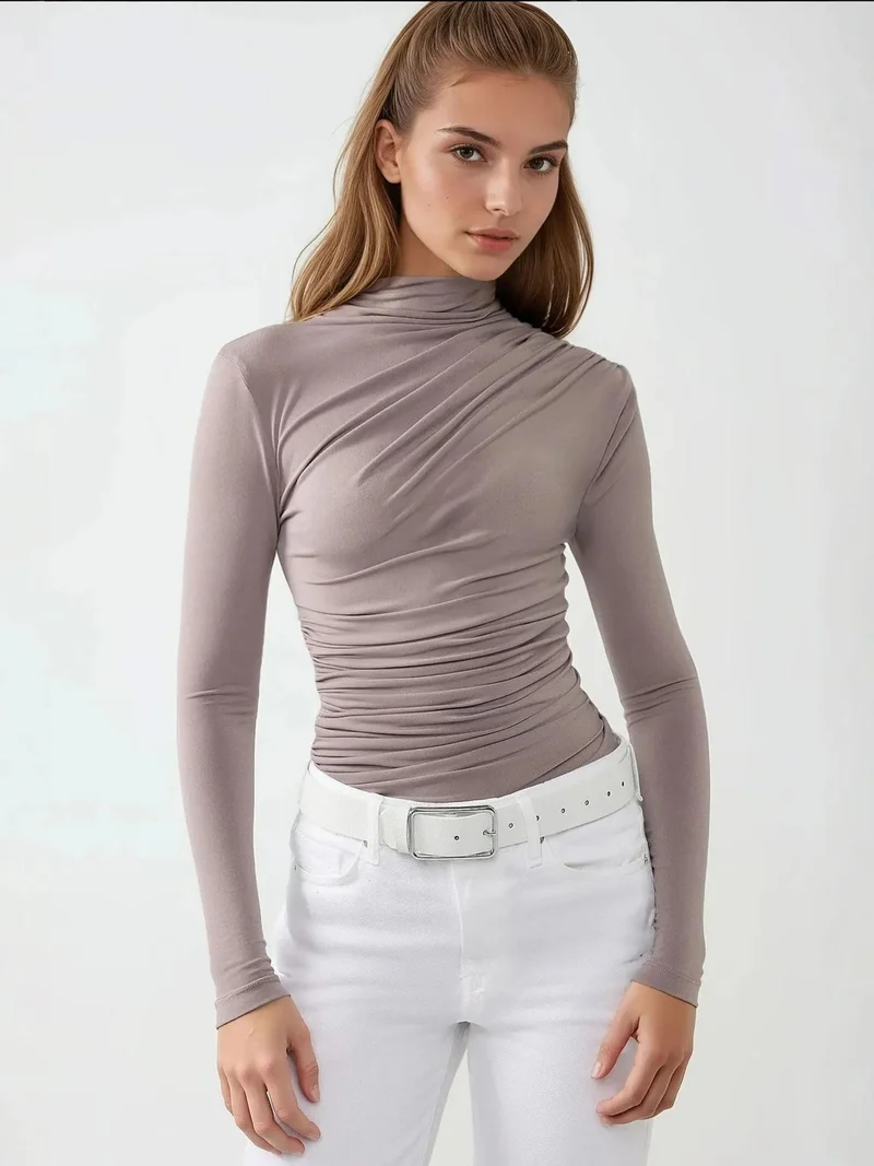 Hiccup Mocha Brown High Collar Drape Detail Blouse for Women | Best Price UAE