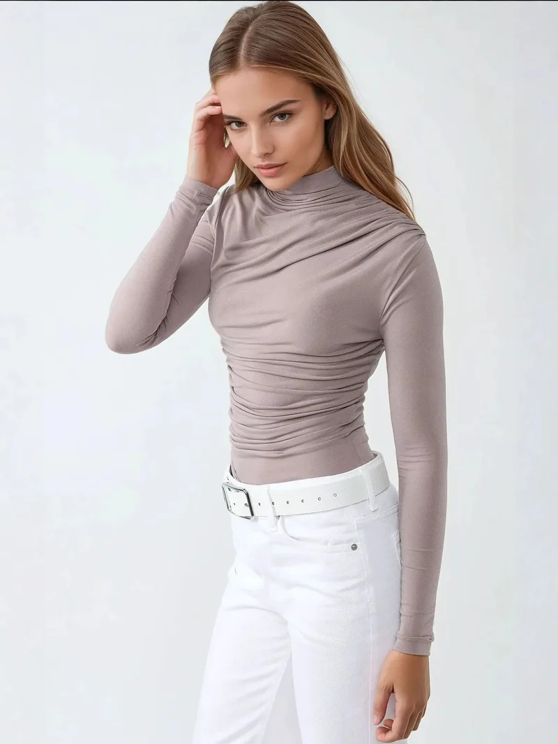 Hiccup Mocha Brown High Collar Drape Detail Blouse for Women | Best Price UAE