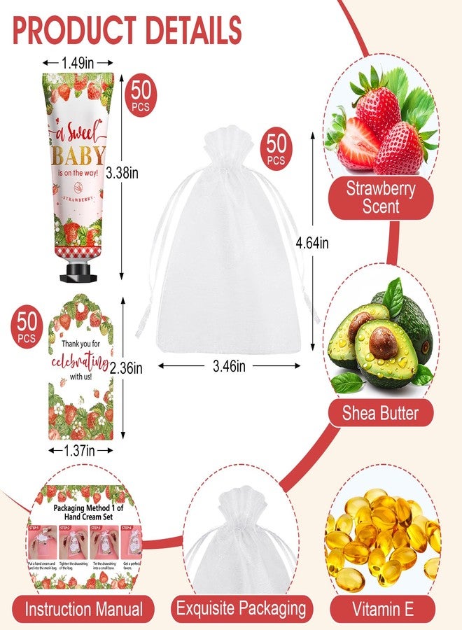 KONEUK 50 Pack Bulk Hand Cream Gifts Sets, Baby Shower Favors and Bridal Shower Favors for Guests with Thank You Card and Organza Gift Bags, Appreciation Gifts, Wedding Party Favors (Strawberry) - Image 3