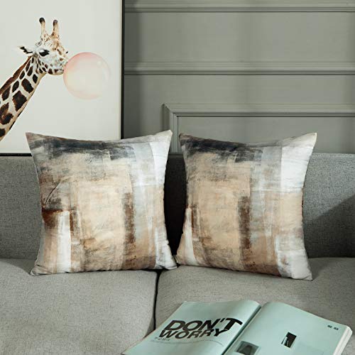 Britimes Throw Pillow Covers Modern Home Art Decor, 18 x 18 Inches Set of 2 Pillow Cases Decorative, Abstract Oil Painting Pillowcases for Bedroom, Living Room, Taupe Tan Grey Brown Beige - Image 3