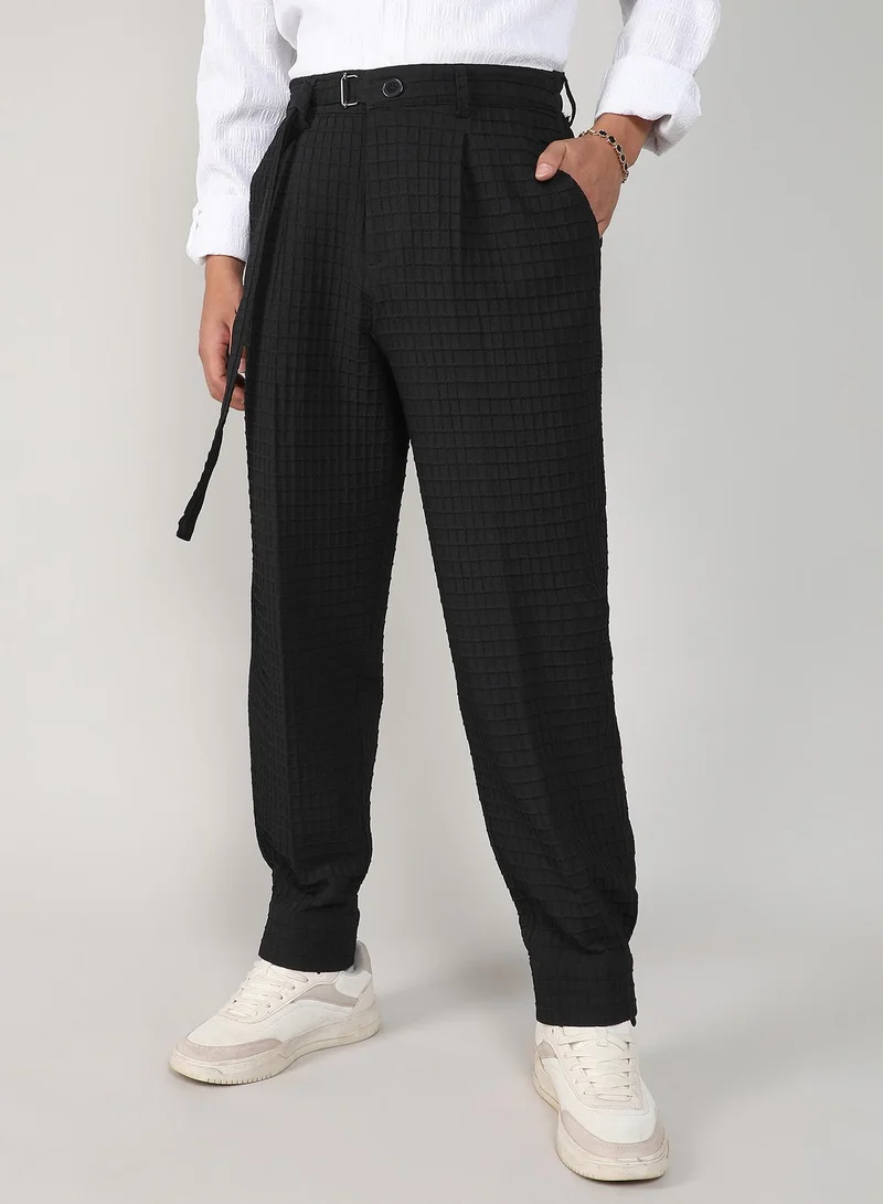 Campus Sutra Men's Midnight Black Textured Graph Check Trousers For Casual Wear | 4 Pockets | Mid- Rise | Button Closure | Trousers Crafted With Comfort Fit For Everyday Wear