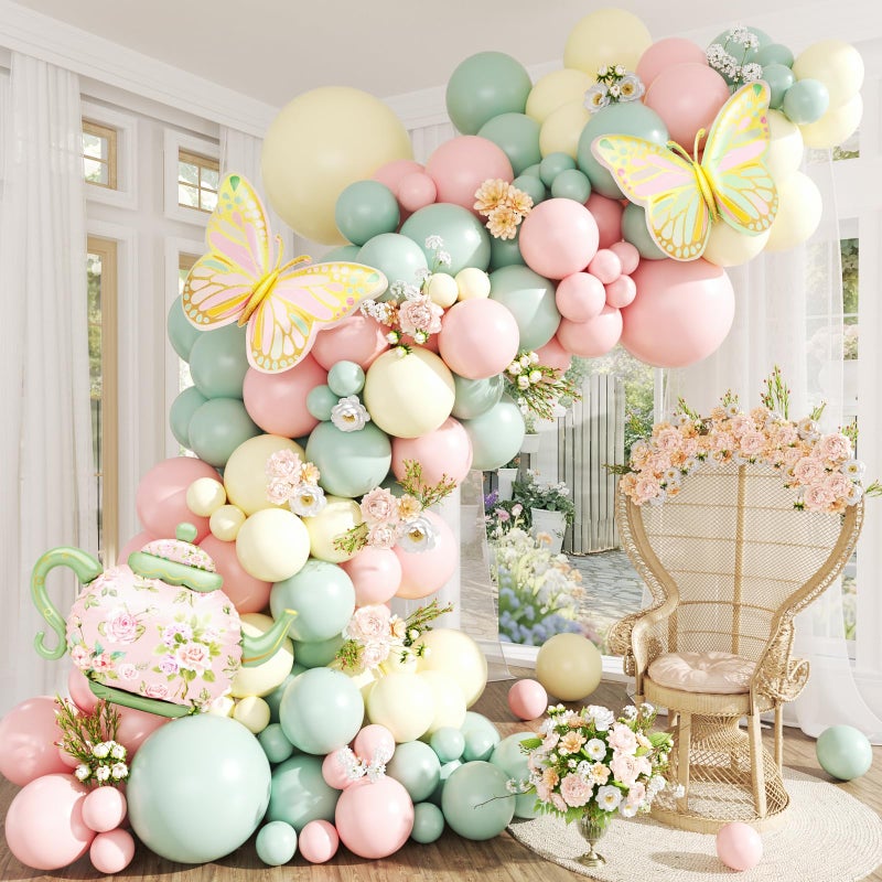 JOYFLOAT Tea Party Decorations Pastel Pink Balloon Garland Arch Kit with Teapot Butterfly Foil Balloons for Tea Party Princess Girls Birthday Spring Garden Baby Shower Decor Bridal Shower Decoration - Image 1