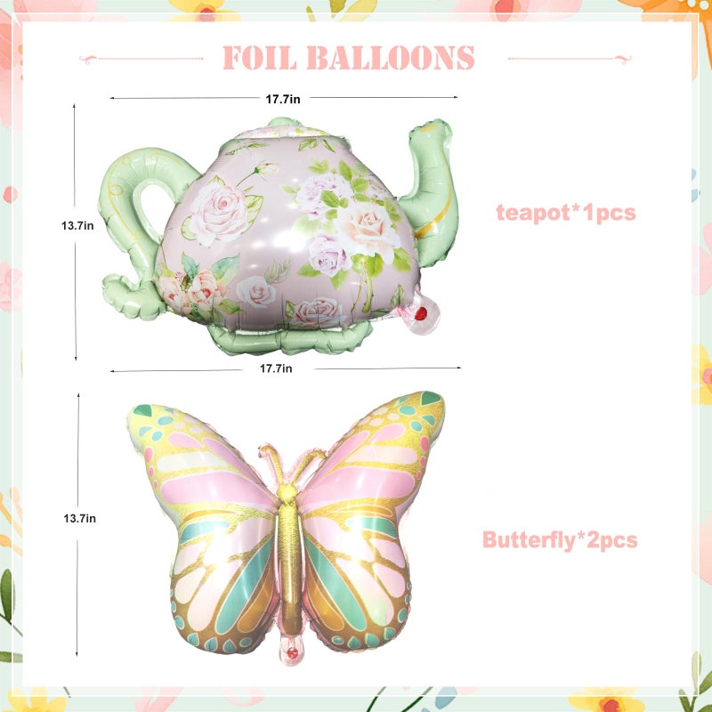 JOYFLOAT Tea Party Decorations Pastel Pink Balloon Garland Arch Kit with Teapot Butterfly Foil Balloons for Tea Party Princess Girls Birthday Spring Garden Baby Shower Decor Bridal Shower Decoration - Image 4