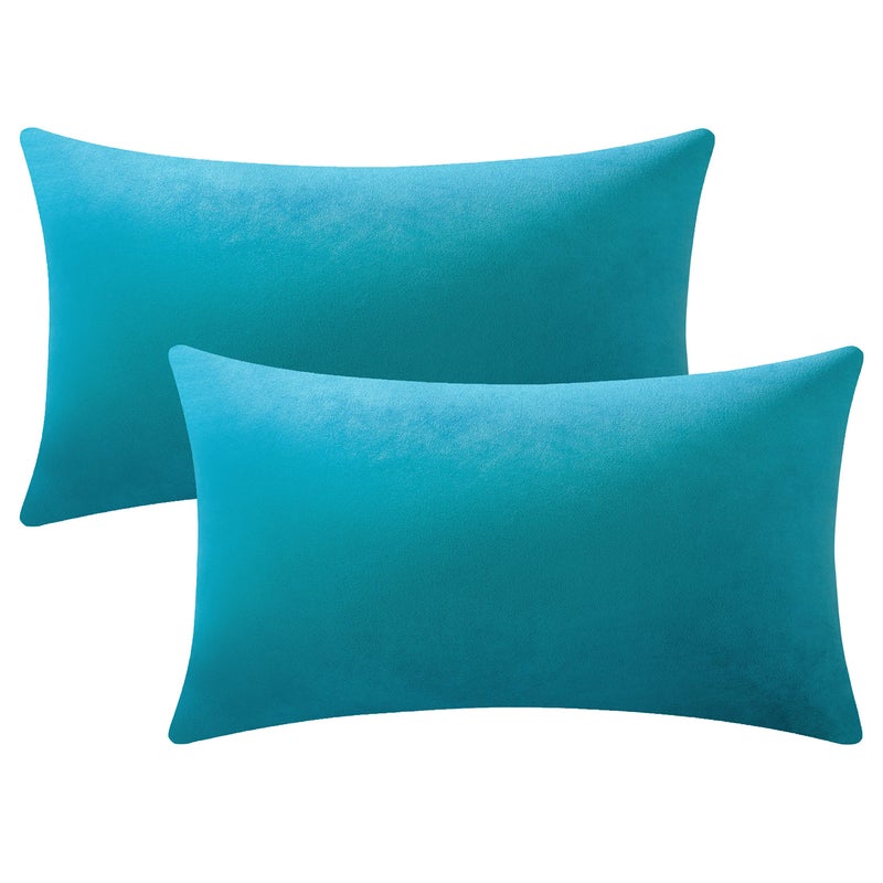 DEZENE Throw Pillow Cases 12x20 Turquoise 2 Pack Cozy Soft Velvet Rectangular Decorative Pillow Covers for Farmhouse Home Decor