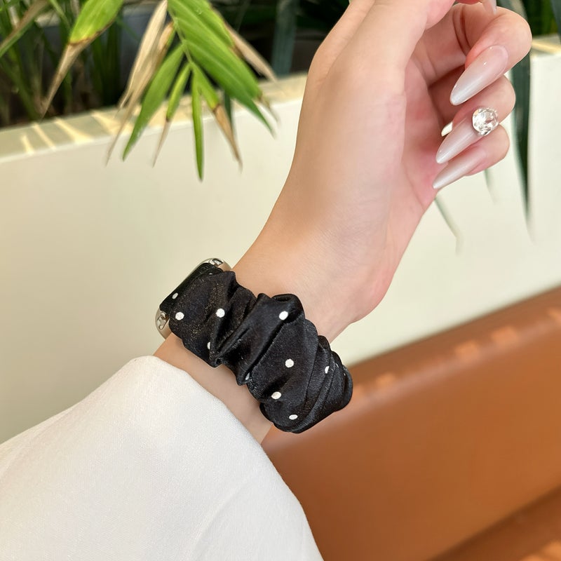 Women Stretchy Scrunchie Style Watch Band Elegant Polka Dot Design Compatible With All Apple Watch Models 42mm 44mm 45mm 46mm 49mm And Series White - Image 2