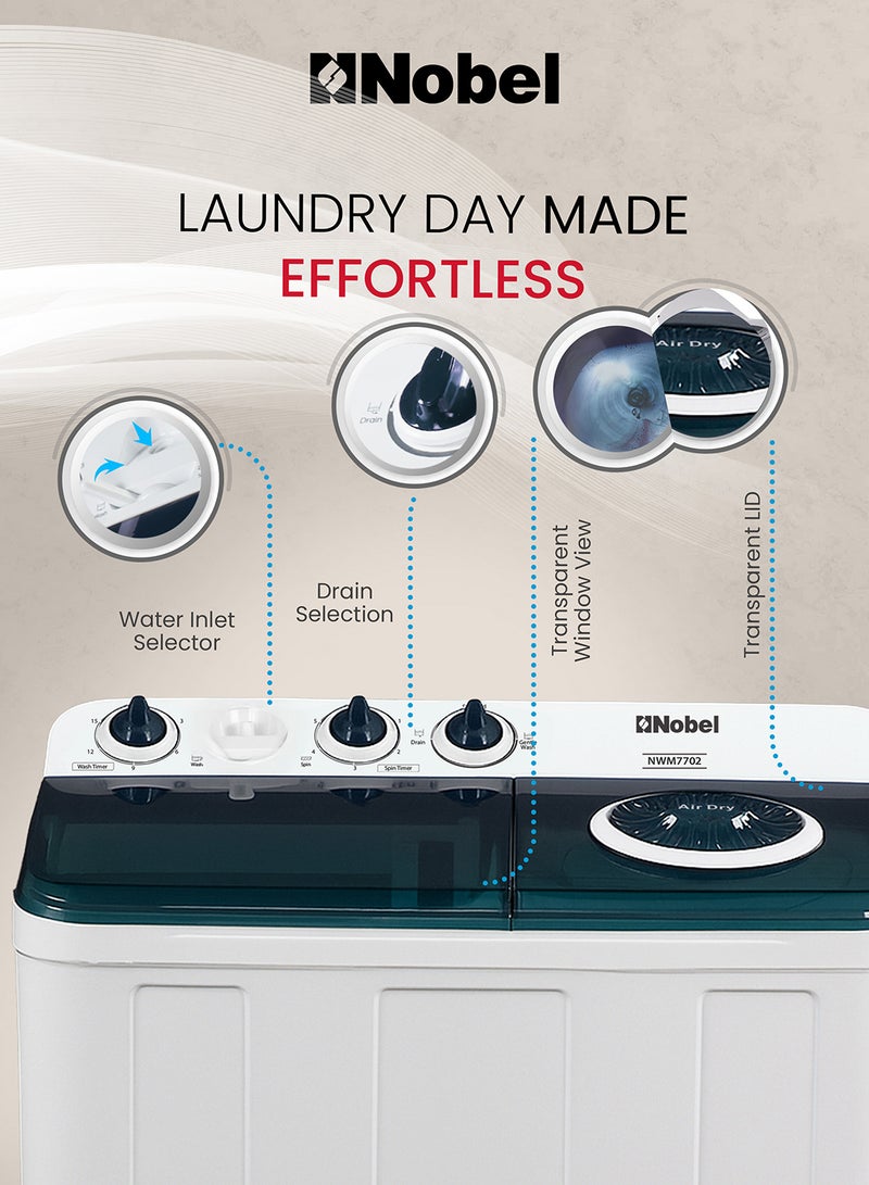 Nobel Twin Tub Semi Auto Washer 7 kg 350 W NWM7702 Grey - Image 3