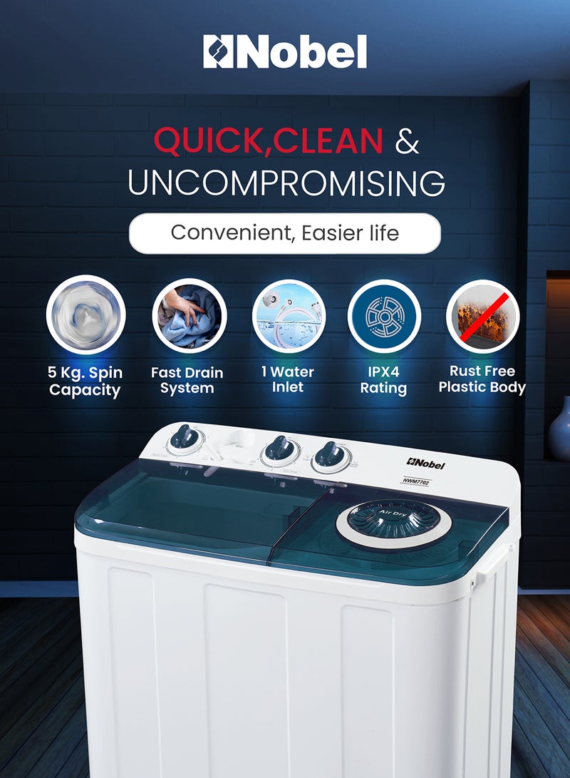 Nobel Twin Tub Semi Auto Washer 7 kg 350 W NWM7702 Grey - Image 4