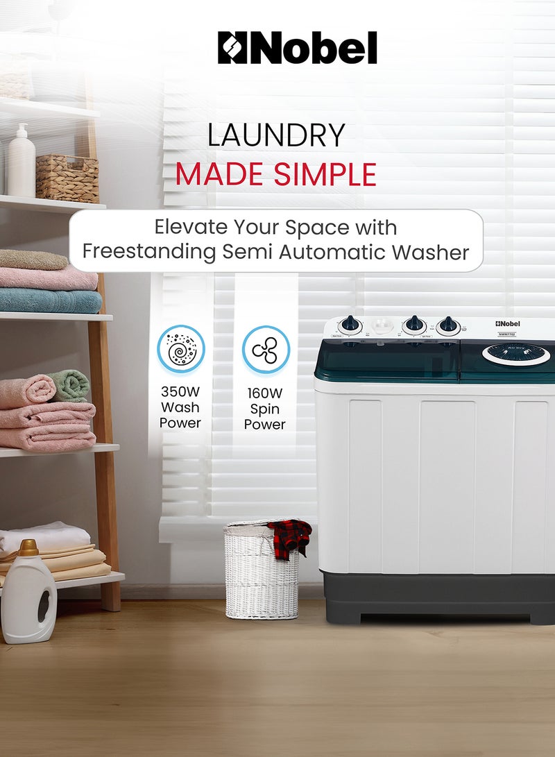 Nobel Twin Tub Semi Auto Washer 7 kg 350 W NWM7702 Grey - Image 5