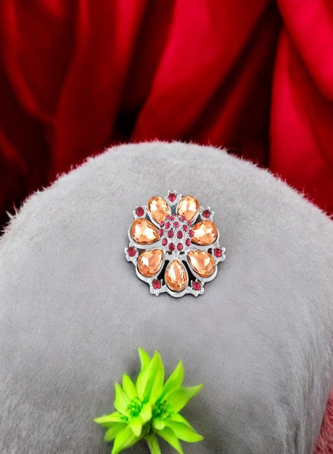 Mahi Flower Snap Shirt Button/Brooch cum Saree Pin with Peach Color Crystals for Women (BP1101196RPch) - Image 2
