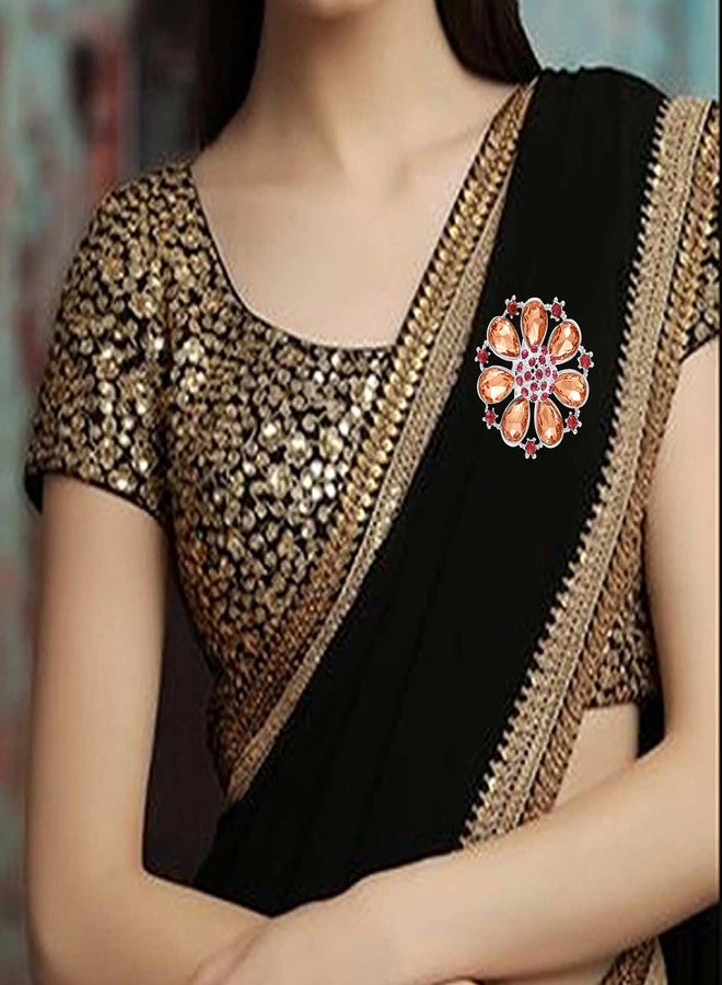 Mahi Flower Snap Shirt Button/Brooch cum Saree Pin with Peach Color Crystals for Women (BP1101196RPch) - Image 5