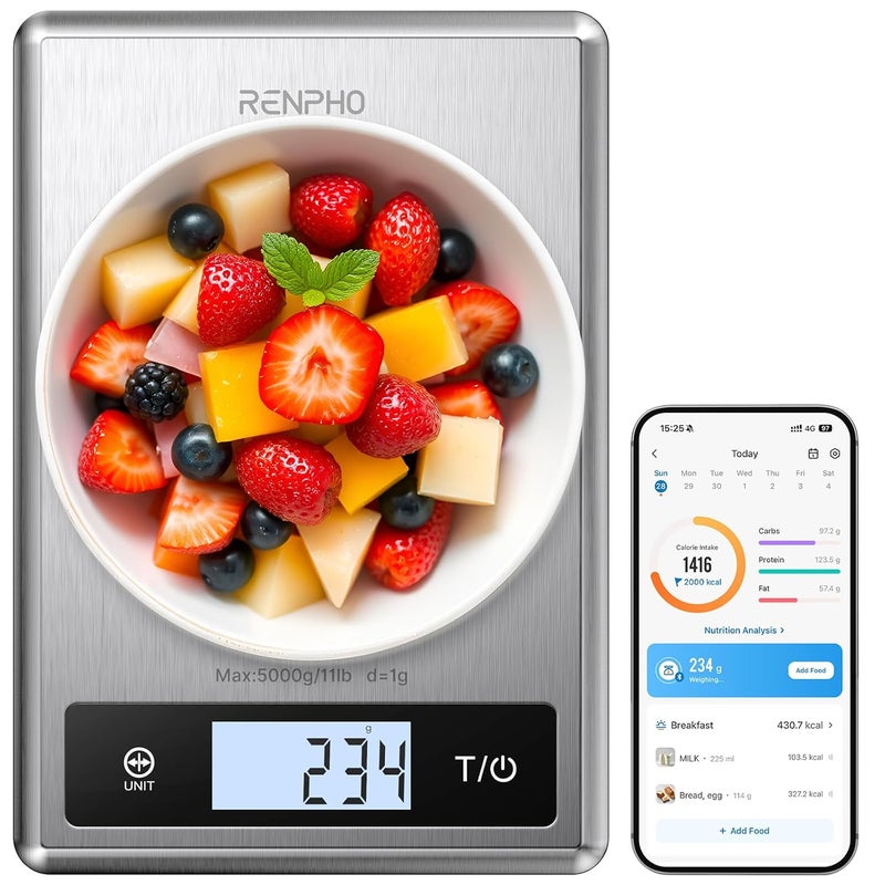 RENPHO Smart Food Scale, Digital Kitchen Scale for Food Ounces and Grams, Coffee Weight Scale with Nutritional Calculator APP for Keto, Macro, Calorie, Weight Loss, Precise Graduation, Stainless Steel - Image 1