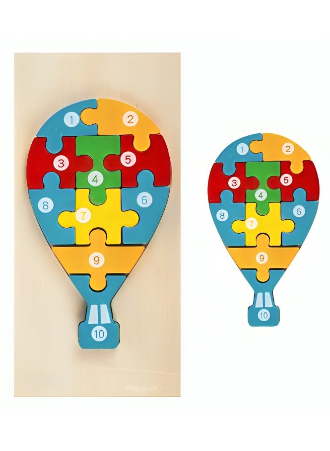 ألغاز خشبية ثلاثية الأبعاد مصممة لتعليم الأطفال الأشكال مع الأرقام، أدوات دعم التعليم المبكر للآباء والمعلمين، ألوان وأنماط جذابة، تنمية المهارات الحركية من مونتيسوري، هدايا رائعة (شكل منطاد هوائي) - Image 1