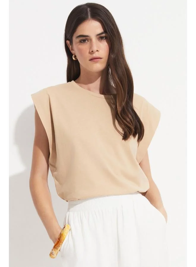 جون June Basic Cotton Crew Neck Sleeveless Tshirt Beige