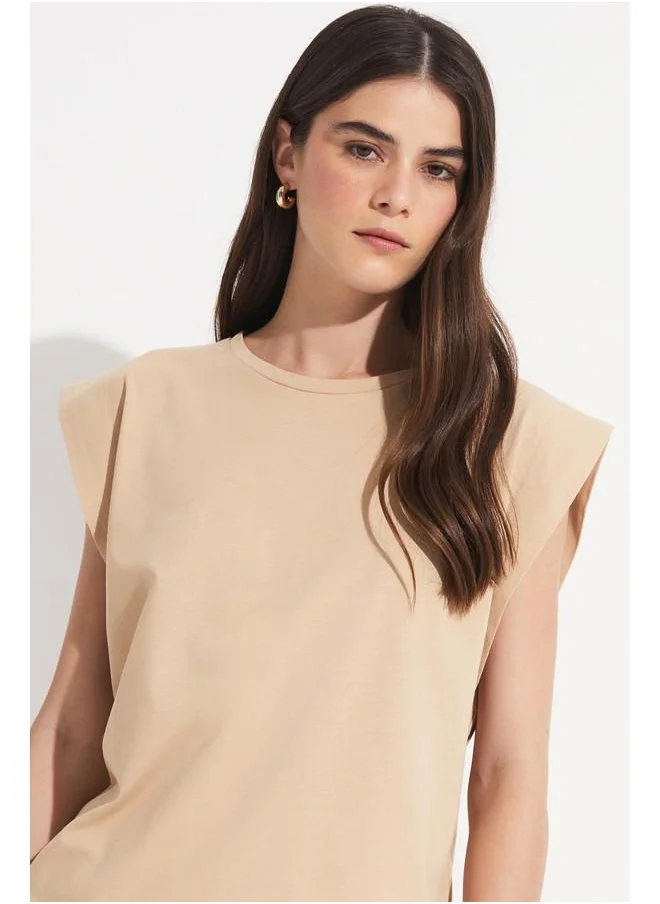 جون June Basic Cotton Crew Neck Sleeveless Tshirt Beige