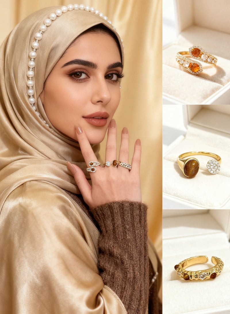 The snake-shaped tiger's eye stone alloy ring boasts a unique design, embodying a retro yet high-end, light luxury style. With adjustable sizes, it is suitable for both men and women. (Set of 3) - Image 1