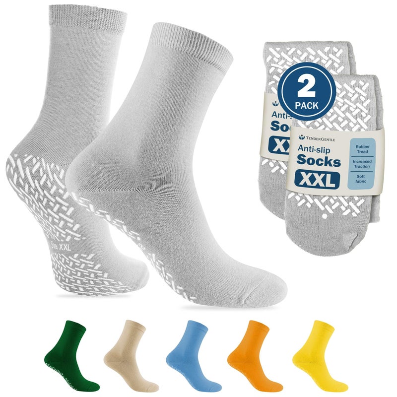 TenderGentle Hospital Socks with Grips for Men and Women - 2 Pairs of Grey XXL Grippy Socks for Elderly - Hospitals, Nursing Homes, and Long Term Care Facilities - Soft and Stretchy - Image 1