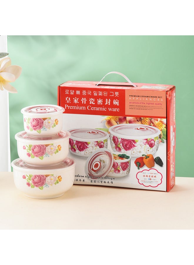 Bear Ceramic Preservation Bowl Three-piece Set Sealed Bowl Gift Bowl Set Gift Microwave Oven Bowl Plus LOGO Preservation-Specifications:Lover Rose Set Of Three Fresh-keeping Bowls (20 Sets/box)-Color:4inch 5inch 6inch  - Image 1