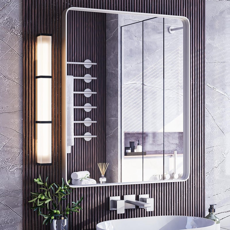 ISKM Silver Bathroom Mirror 36 x 28 Inch Metal Rounded Rectangular Wall Mounted Mirror for Modern Minimalist Farmhouse Home Decor Hangs Horizontal Or Vertical