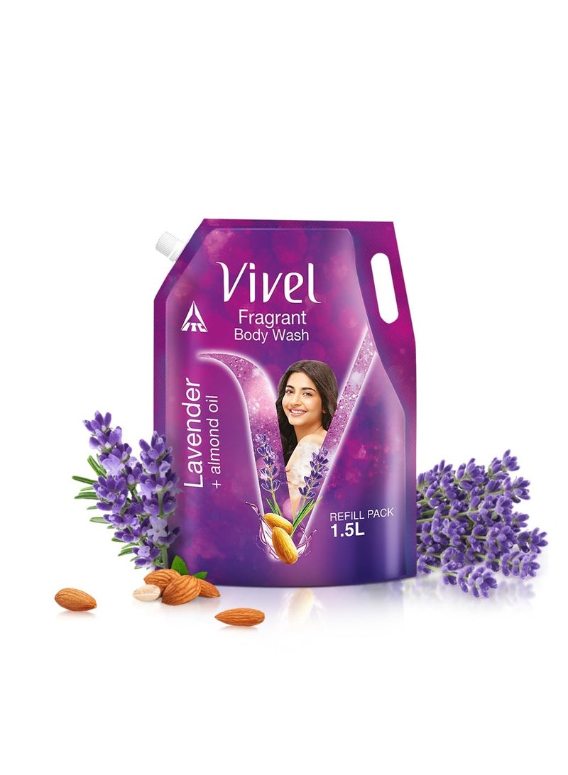 Vivel Fragrant Body Wash, Lavender & Almond Oil Shower Gel, 1500ml Supersaver XL Refill Pouch, Moisturizing Bodywash, Soft & Smooth Skin, Effective Cleansing, For Women & Men - Image 1