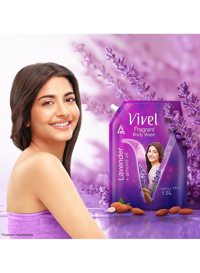 Vivel Fragrant Body Wash, Lavender & Almond Oil Shower Gel, 1500ml Supersaver XL Refill Pouch, Moisturizing Bodywash, Soft & Smooth Skin, Effective Cleansing, For Women & Men - Image 2
