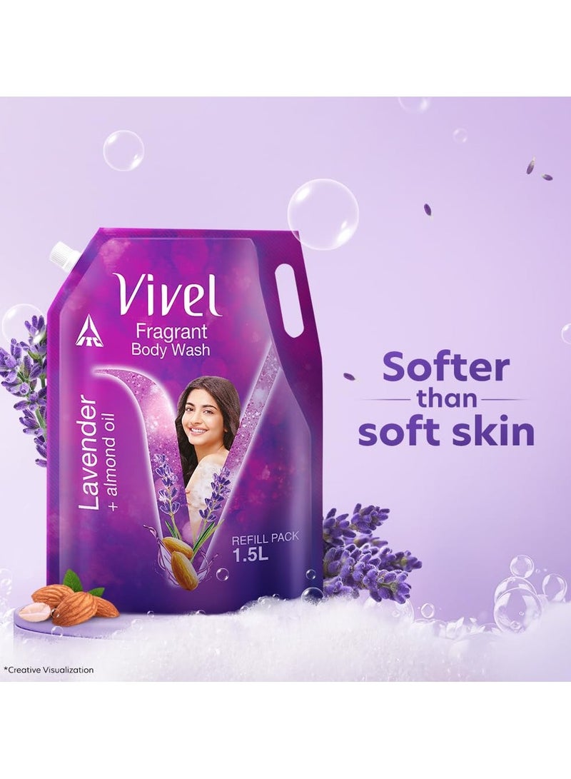 Vivel Fragrant Body Wash, Lavender & Almond Oil Shower Gel, 1500ml Supersaver XL Refill Pouch, Moisturizing Bodywash, Soft & Smooth Skin, Effective Cleansing, For Women & Men - Image 4