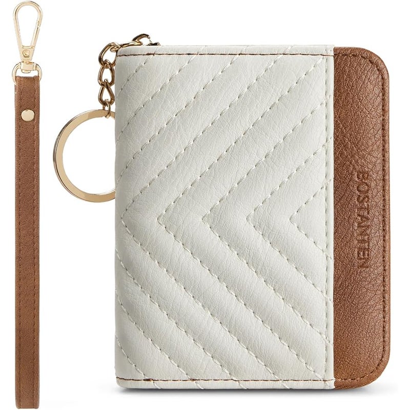 Bostanten Credit Card Holder Wallet RFID Blocking Leather Small Wallet for Women Zipper Keychain Wallet with Wristlet Beige＆Brown - Image 1