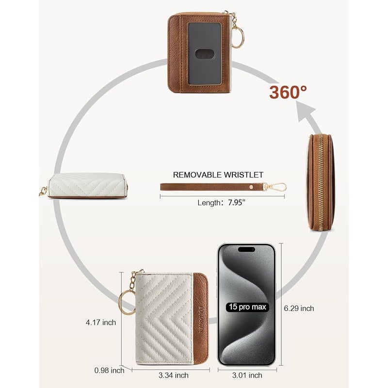 Bostanten Credit Card Holder Wallet RFID Blocking Leather Small Wallet for Women Zipper Keychain Wallet with Wristlet Beige＆Brown - Image 4